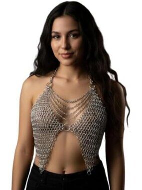 Medieval Fantasy Chainmail Halter Top - Silver Aluminum Bikini Bralette for